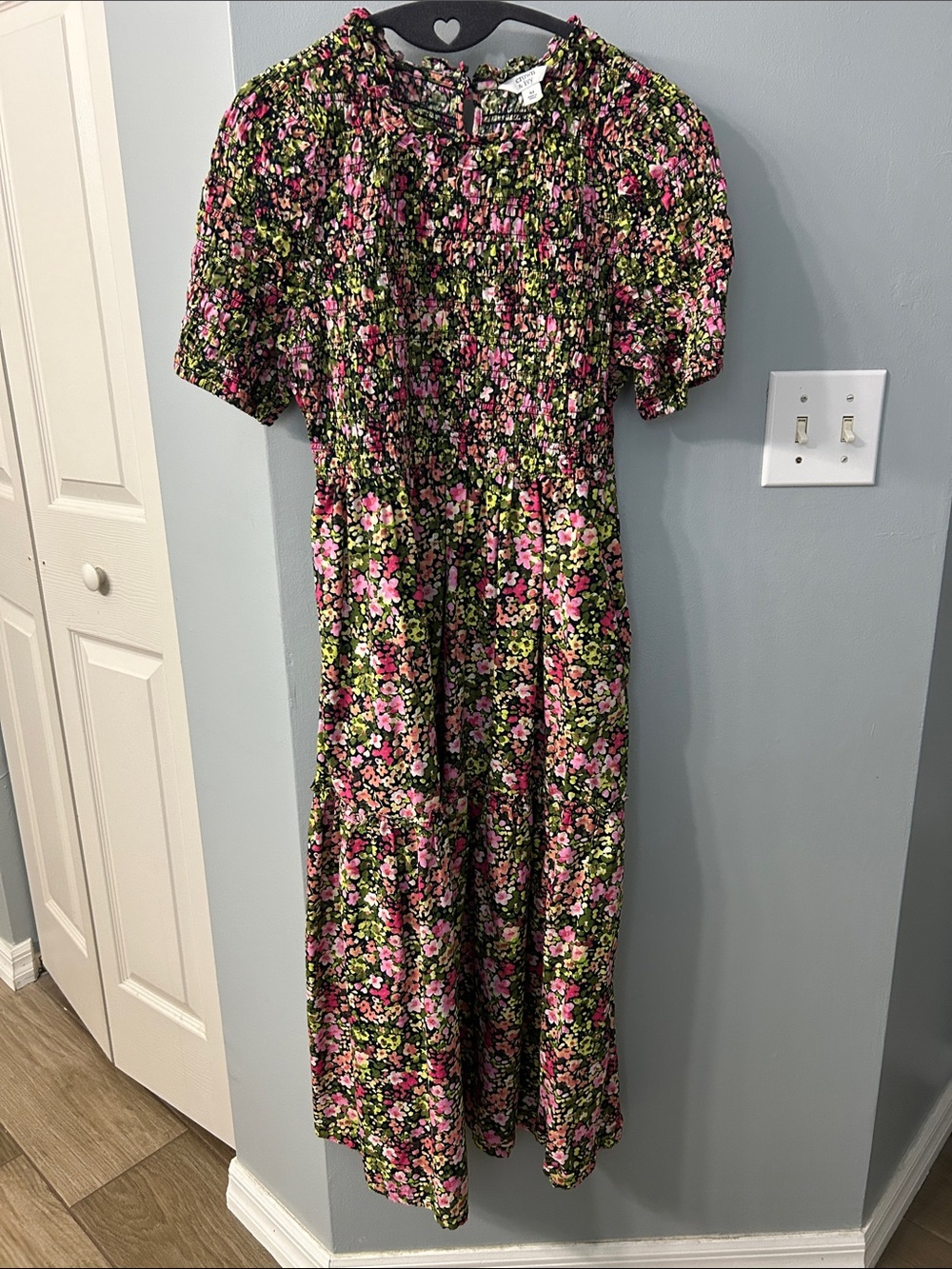 crown & ivy Black Floral Smocked Midi Dress with Pink & Lime Accents